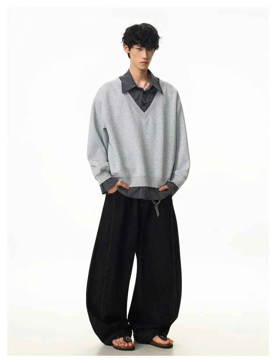 Flattering Casual Loose Striped Polo Sweatshirt
