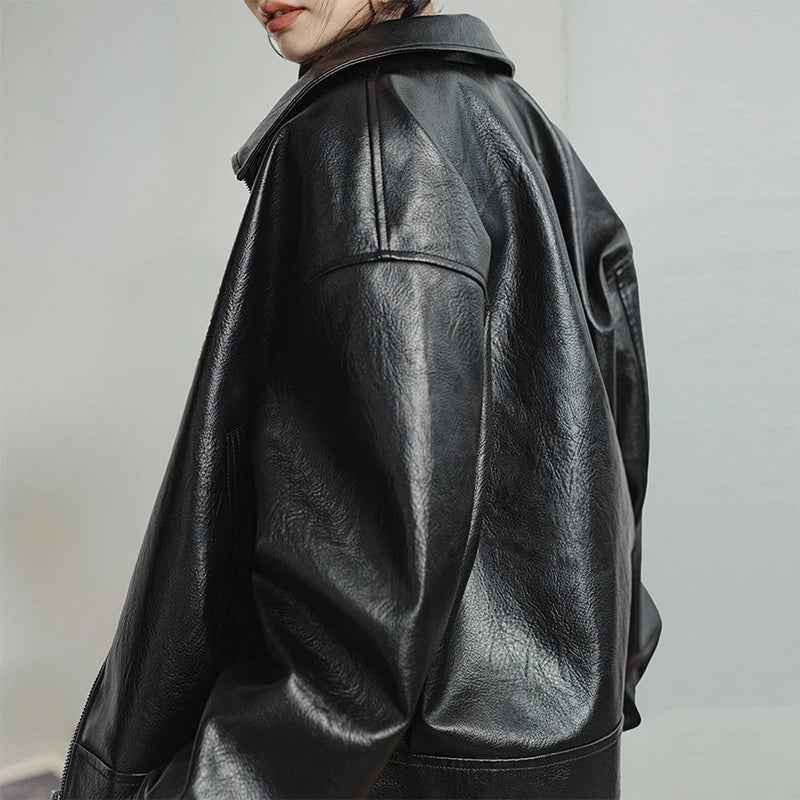 Women Retro Black Motorcycle Leather Jacket