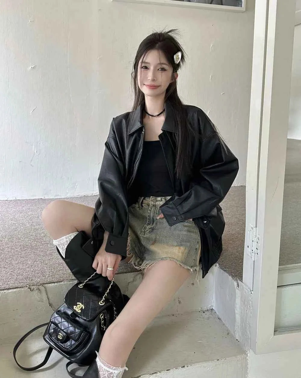 Women Retro Moto Bike Casual Style Leather Jacket