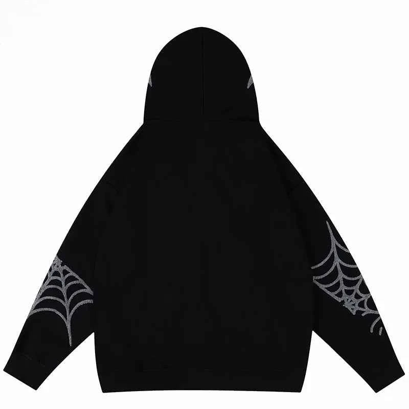 Spider Web Print Gothic Zip-Up Hooded Sweatshirt