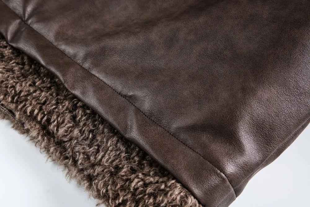 Retro High Street Sherpa Fur Collar Leather Jacket