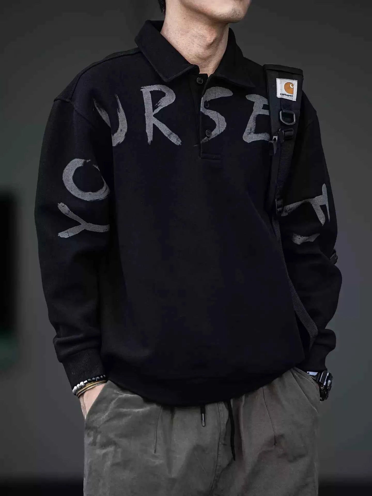 Oversized Letter Print Black Polo Sweatshirt