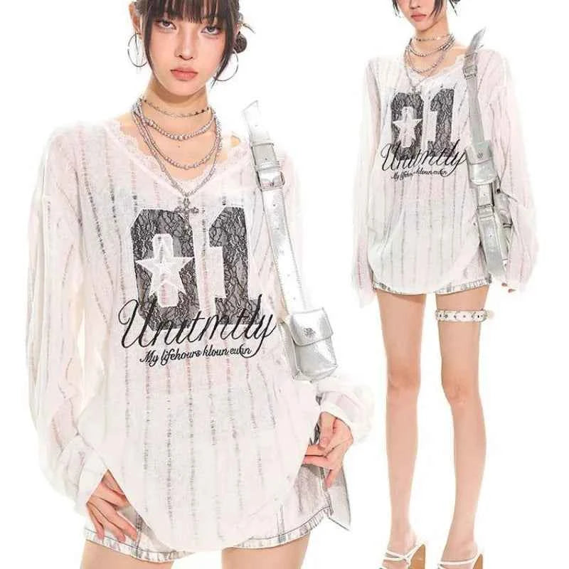 Hollow Out Lace Sexy V-Neck Long Sleeve T-Shirt