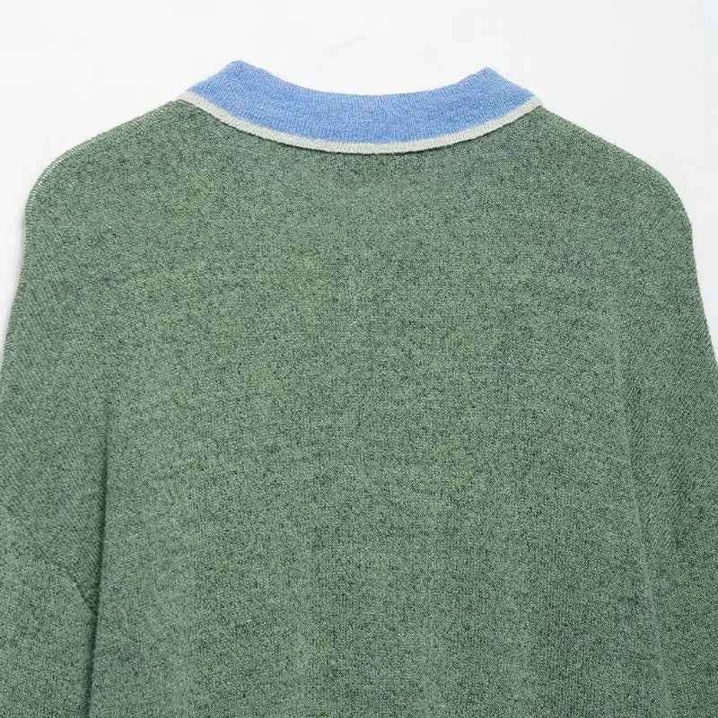 Cozy Soft Green Knitted Polo Collar Sweater