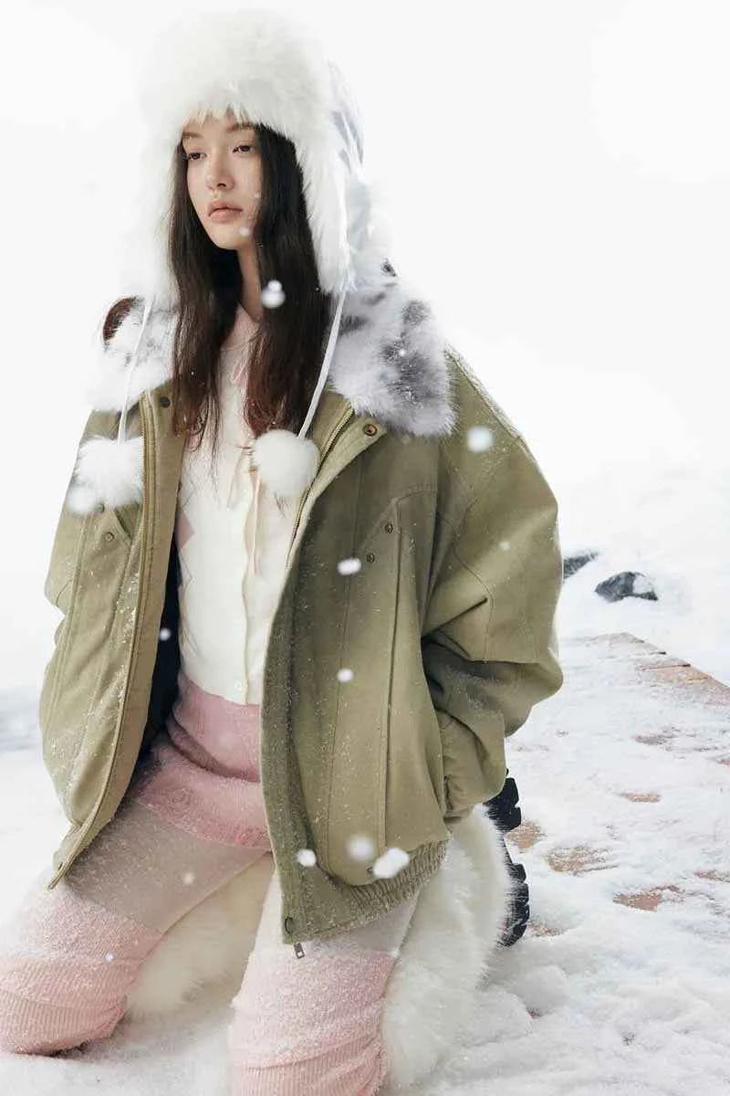 Travel-Essential Oversized Fur Stand Collar Parka Jacket