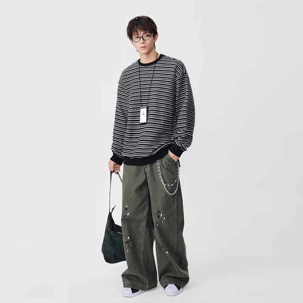 Y2K Striped Oversized Crew Neck Sweatshirt