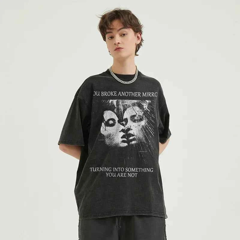 Retro Washed Black Faded Graphic Mirror T-Shirt