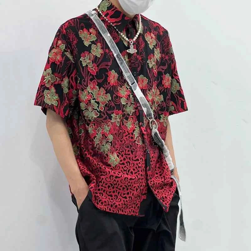 Men Korean Style Floral Print Lapel Casual Shirt