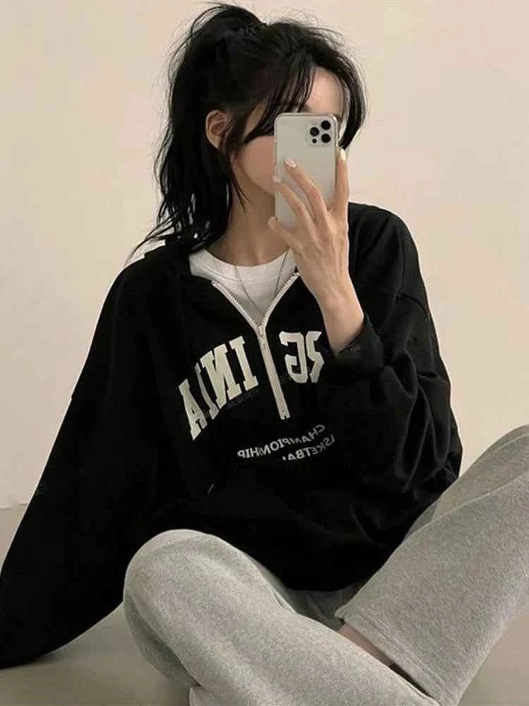 Cozy Zip-Up Letter Print Half Zipper Hoodie