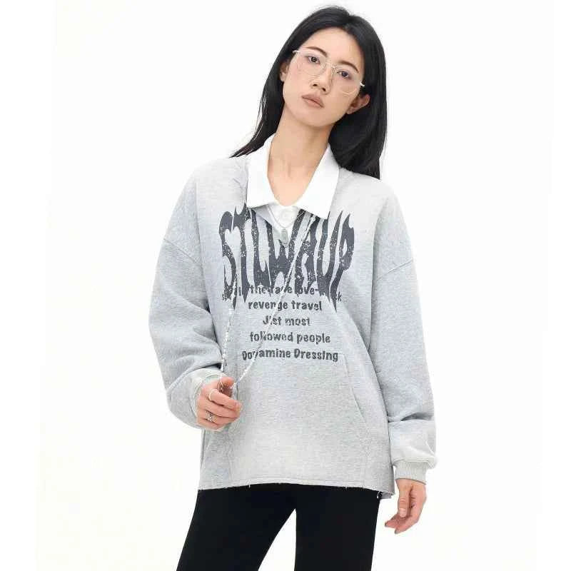 Y2K Retro Gray Letter Print Long Sleeve Shirt