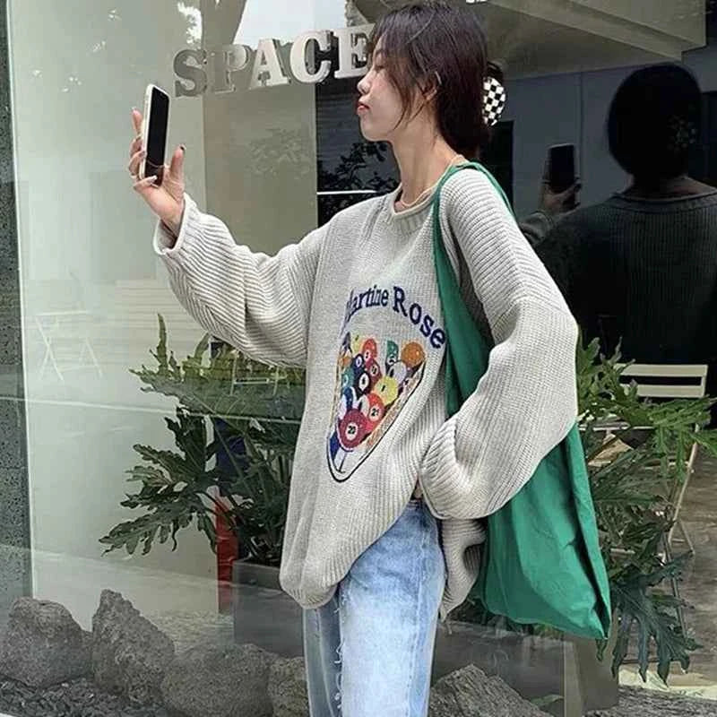 Women 8 Ball Cozy Cartoon Print Knit Sweater