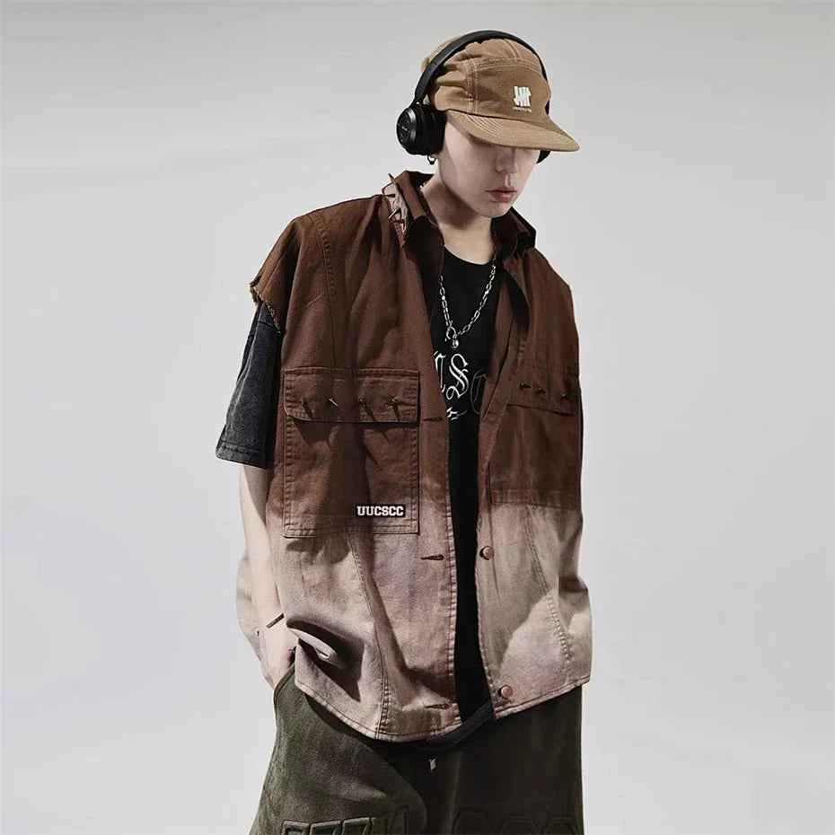 Rivet Design Gradient Sleeveless Denim Jacket