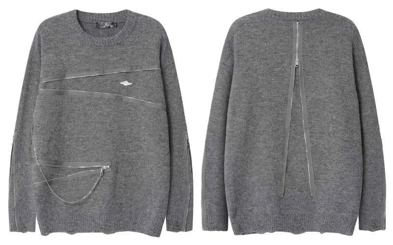 Streetwear Distressed Chain Detail Zipper Knit Sweater