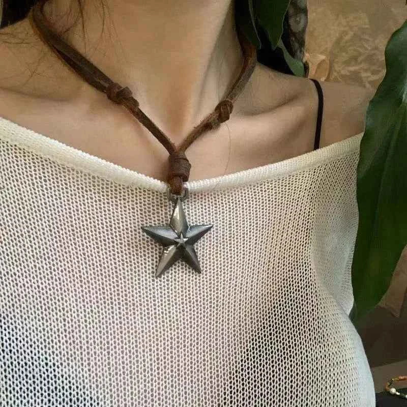 Punk Star Pendant Leather Rope Necklace