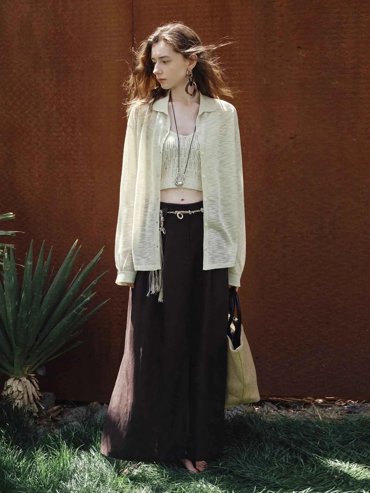 Women Classic Retro Soft Bamboo Linen Knitted Cardigan