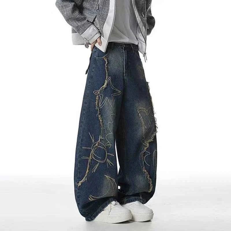 Raw Edge Printing Contrast Color Wide Leg Jeans