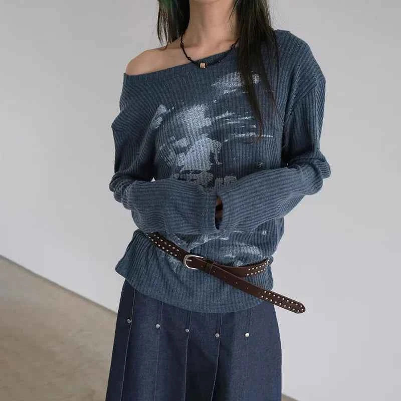 Vintage Graphic Printing Skew Collar Sweater