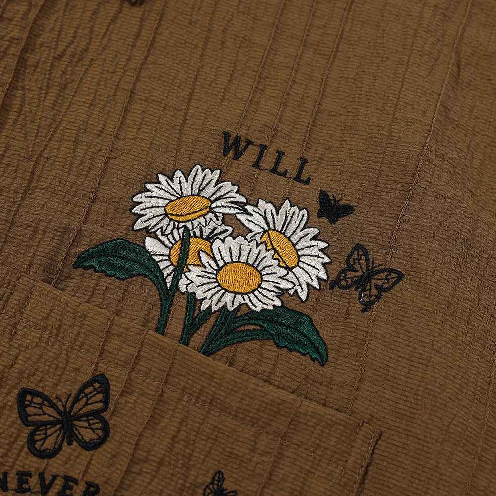 Embroidered Butterfly Button-Up Short Sleeve Shirt
