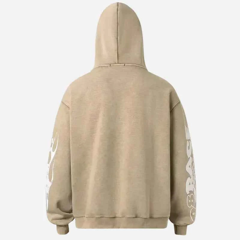 Streetwear Distressed Zip-Up Hooded Race Sweatshirt
