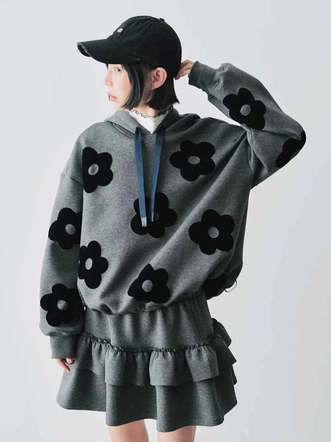 Autumn Gray Floral Patch Casual Hoodie