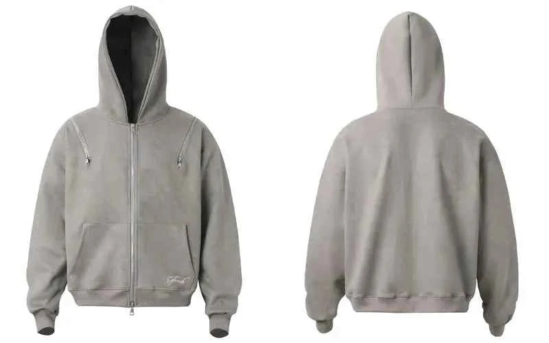 Breathable Suede Multi Zipper Hooded Sweatshirt
