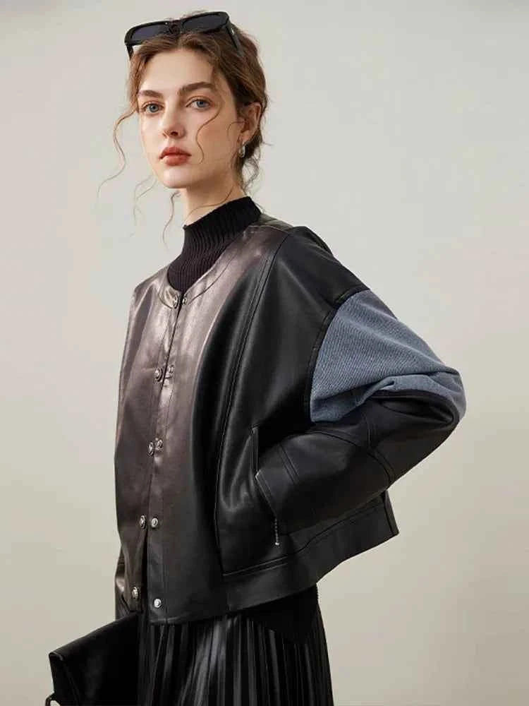 Classic Loose Black Patchwork PU Leather Jacket