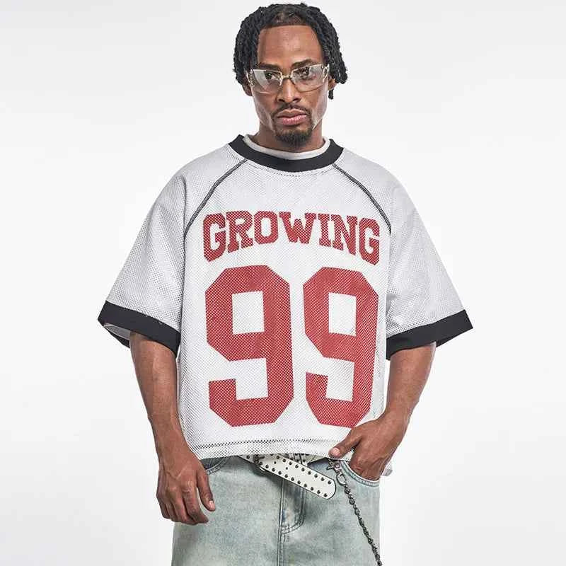 Y2K Patchwork Mesh O-Neck Collar Graphic Sport T-Shirt