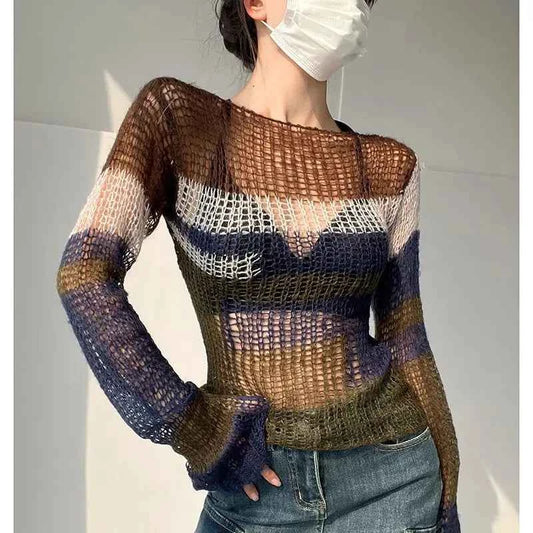 Contrasting Colors Hollow Backless Striped Sweater