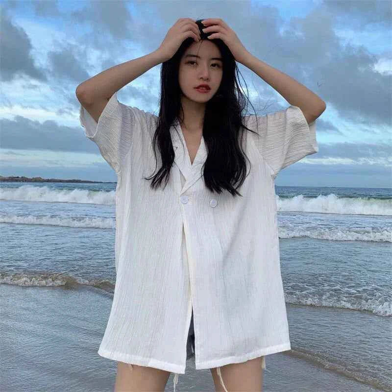 Women White Button Down Casual Korean Style Shirt
