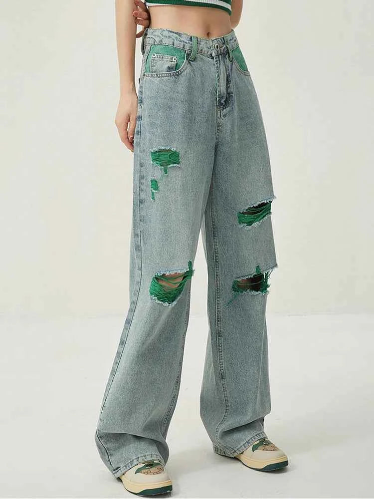 High Waist Wide Leg Distressed Ripped Jeans