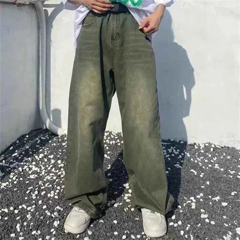 Streetwear Gradient Green Denim High Waist Jeans