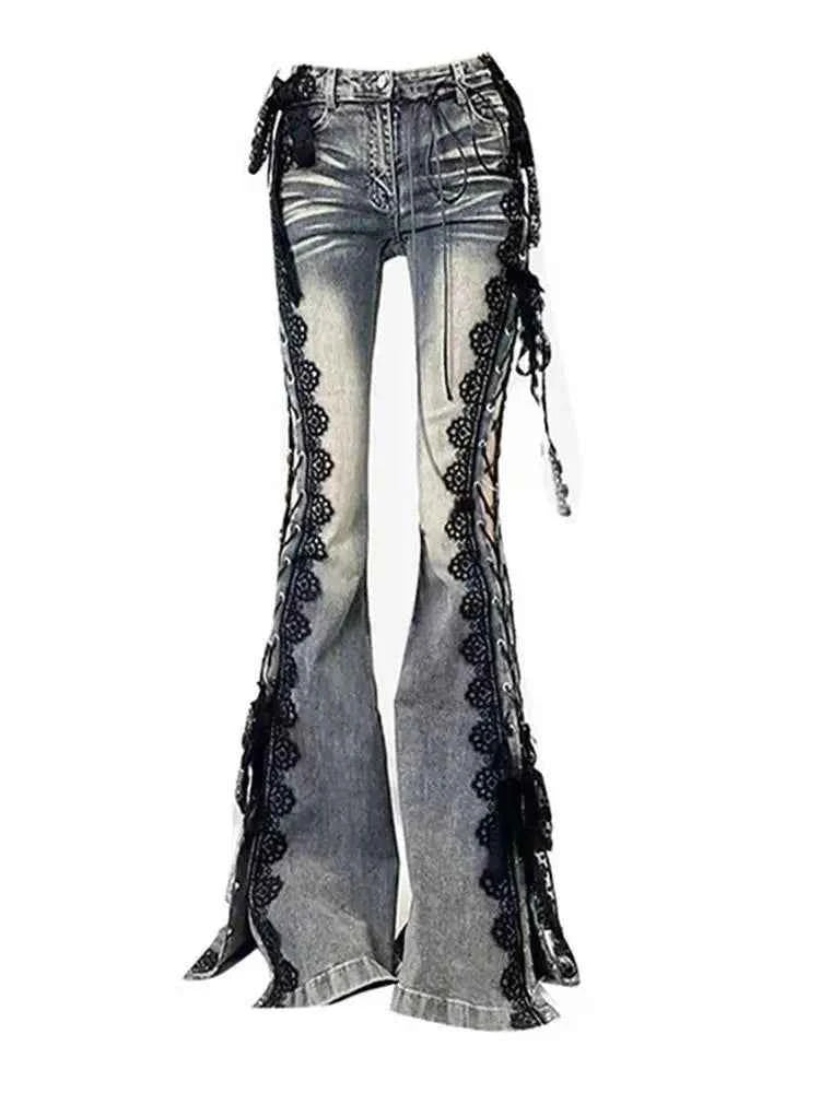 Women Vintage Lace-Up Bell Bottom Jeans