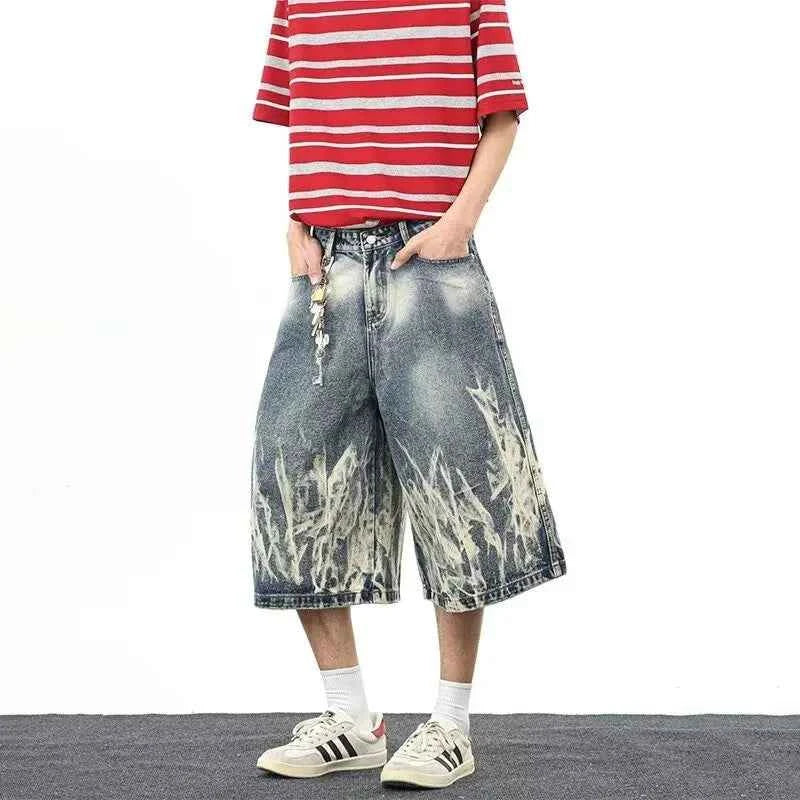 Streetwear Comfort Flame Wash Wide Leg Denim jorts
