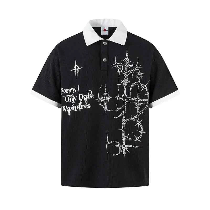 Stylish Color Contrast Splicing Printed Polo T-Shirt