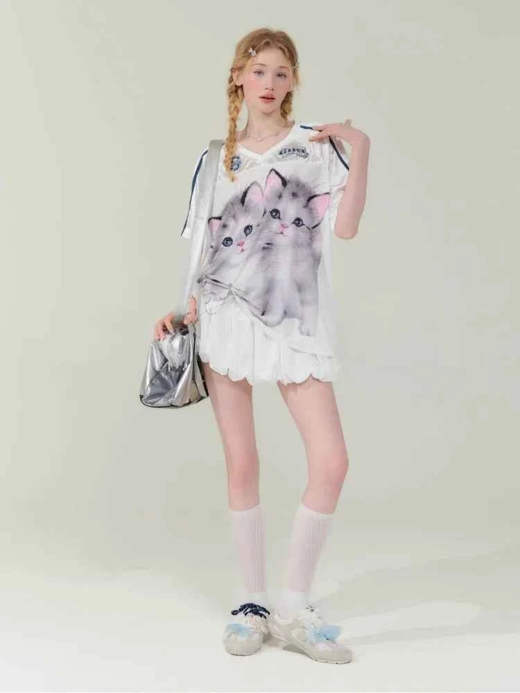 Funny Cat Print Football Jersey T-Shirt