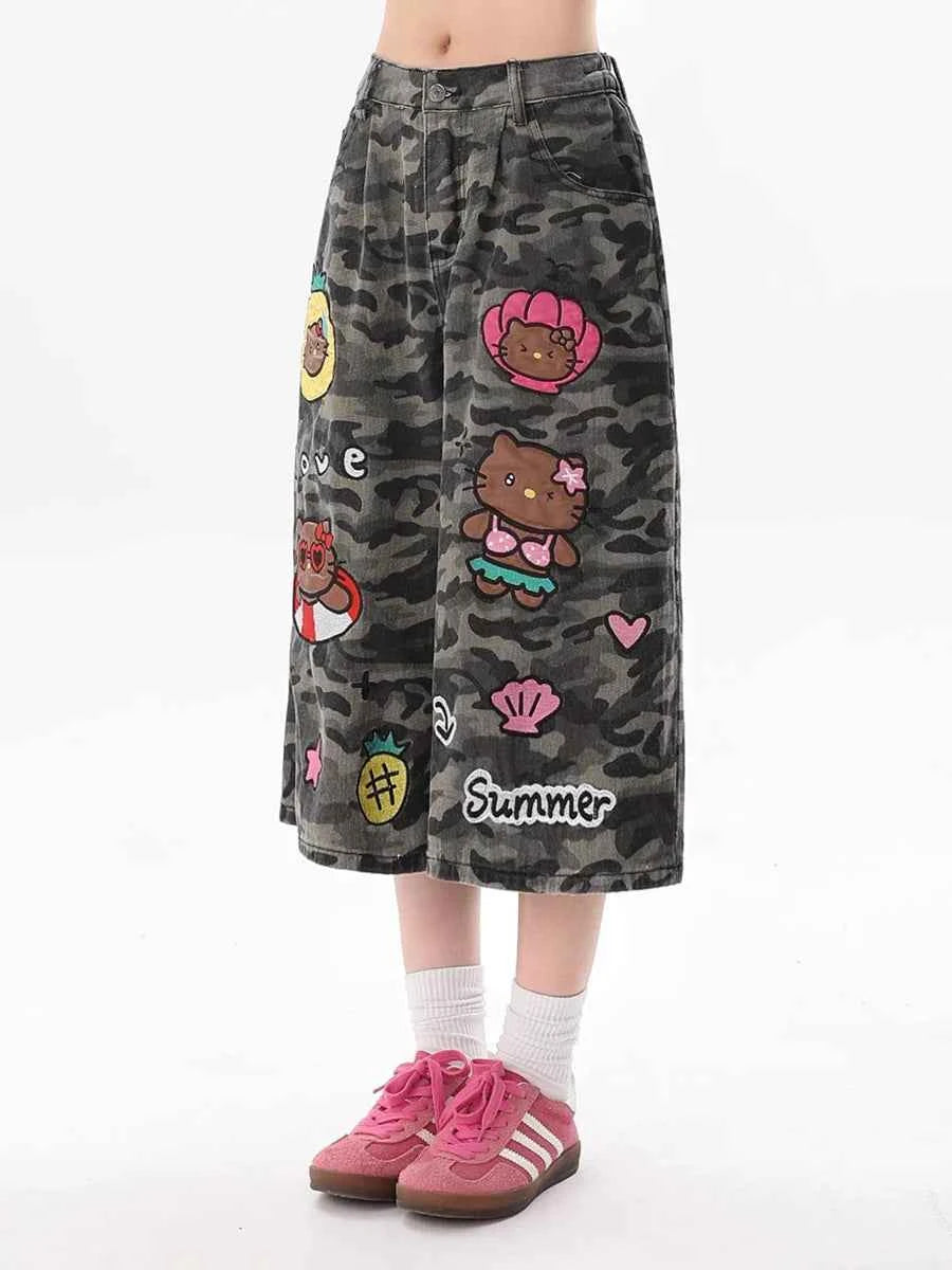 Reddachic Cartoon Patched Camo Jorts