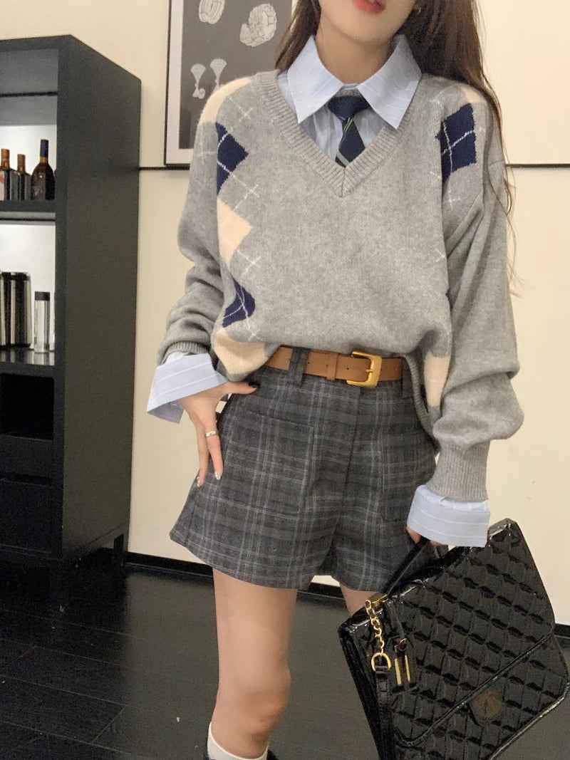 Women Vintage Argyle Gray Oversized Sweater