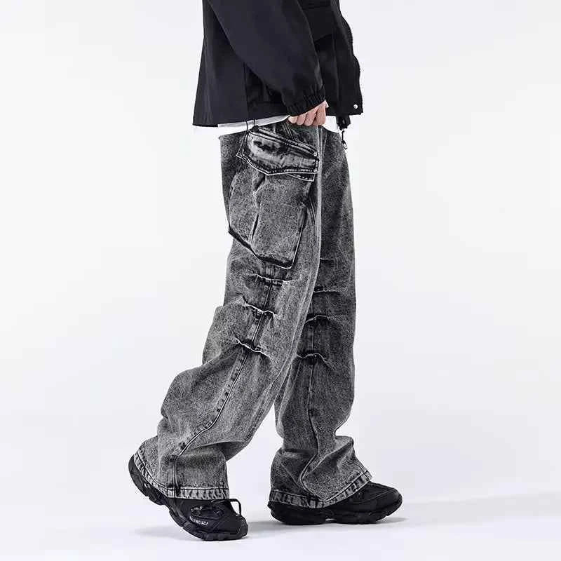 Minimal Look Gray Pleated Cargo Jeans