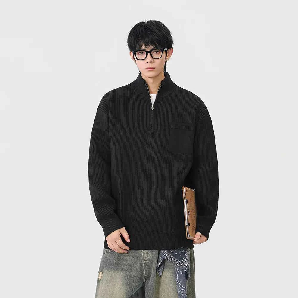 Soft Ribbed Knit Mock Neck Half Zipper Sweater