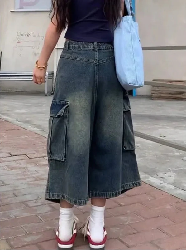 Streetwear Comfort Vintage Blue Washed High Waist Jorts - Luxuryurbanwear