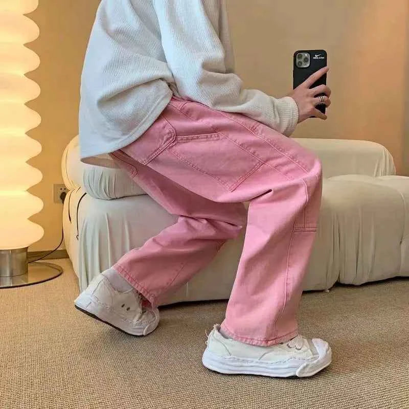 Wardrobe Staple Elegant Pink Baggy Cargo Jeans