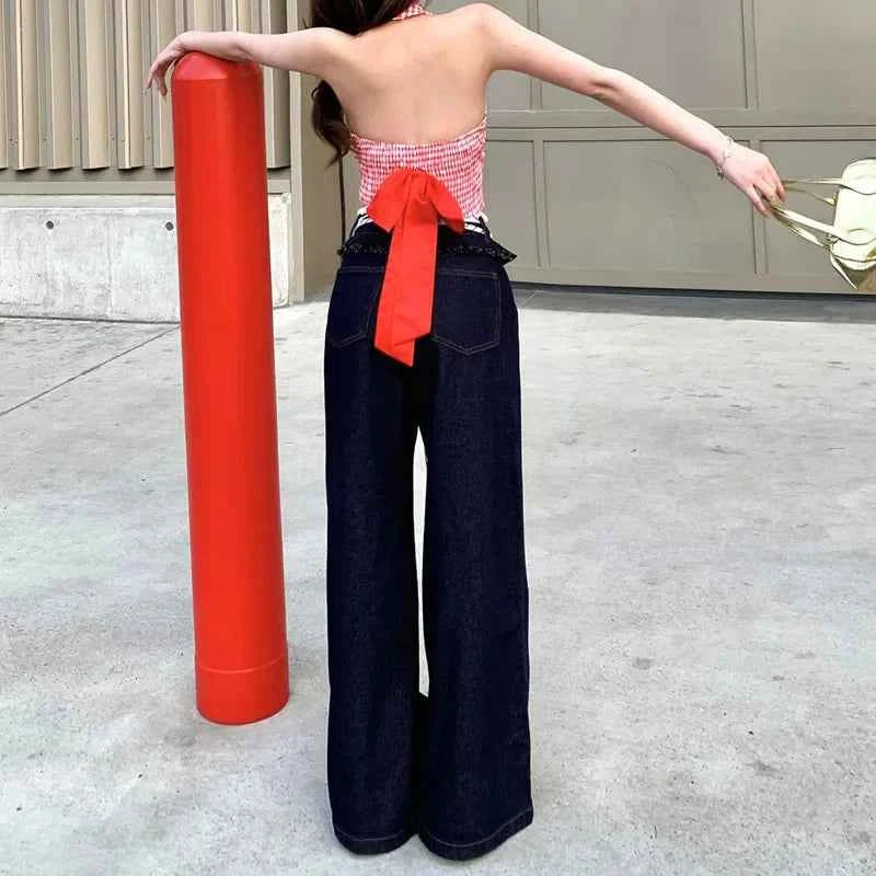 Vintage Dark Blue Ruffle Trim Jeans