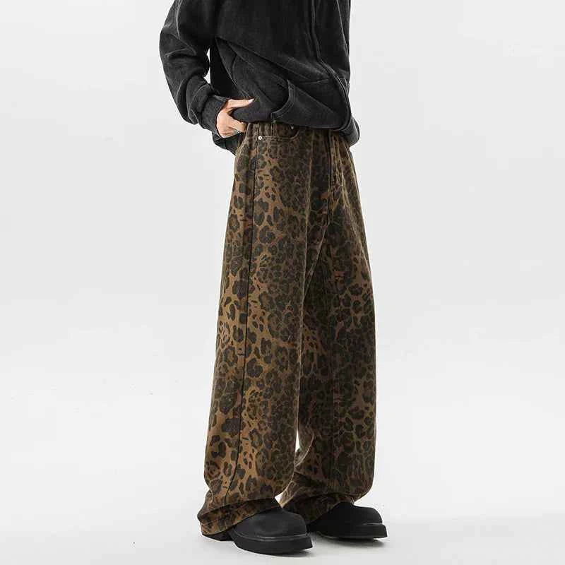 Streetwear Leopard Print Wide Leg Denim Jeans