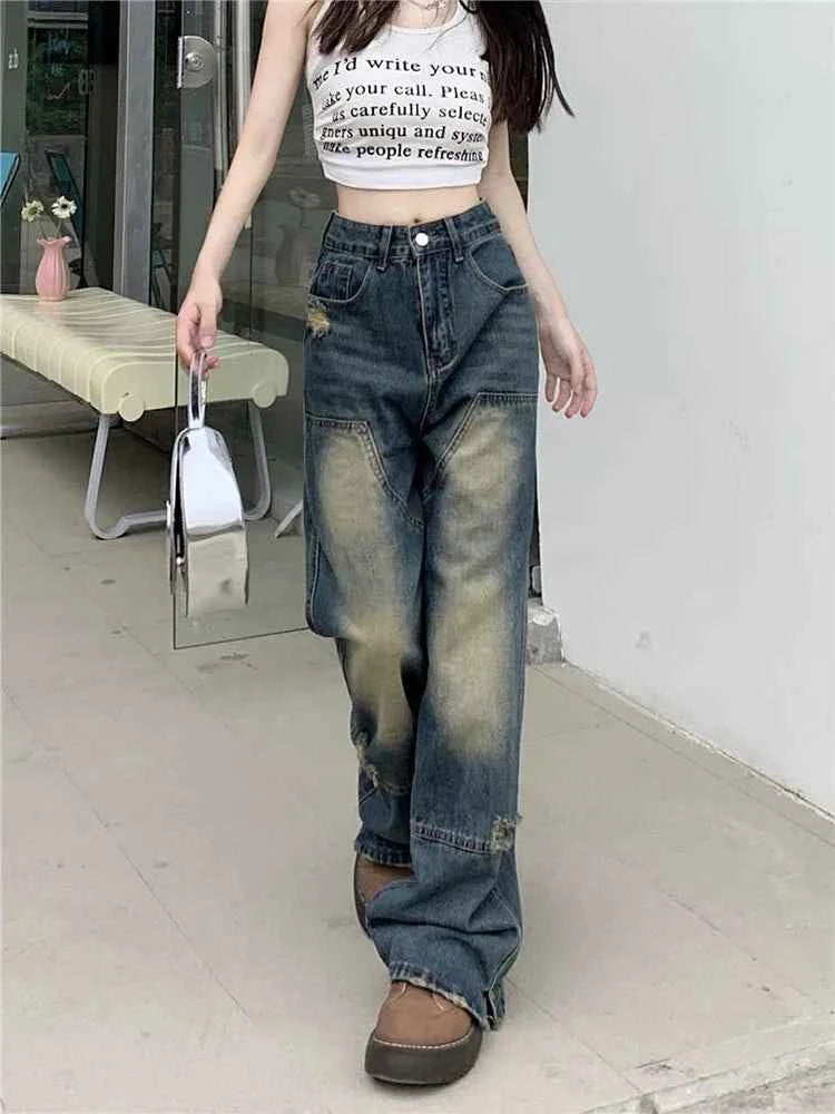 Street Denim Blue Loose Hole High Waist Jeans