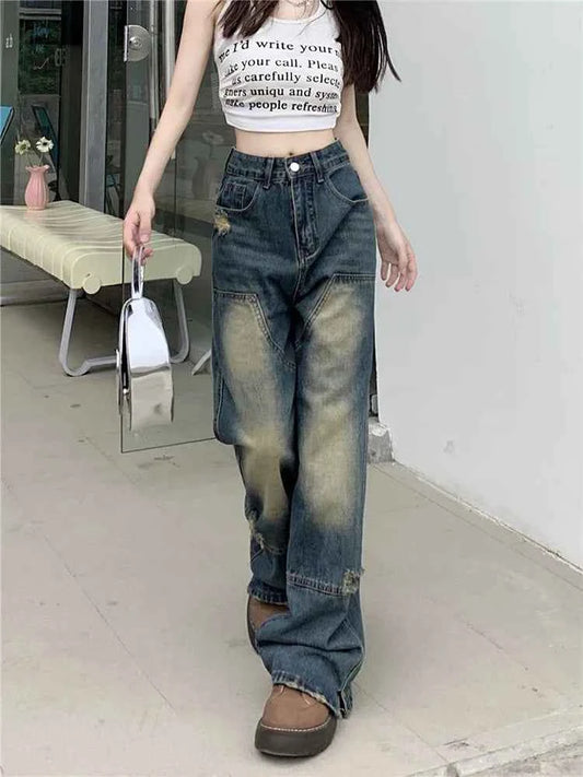 Street Denim Blue Loose Hole High Waist Jeans