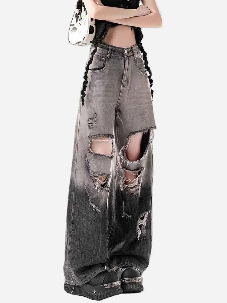 Fashionable Ripped High Waist Gradient Denim Jeans