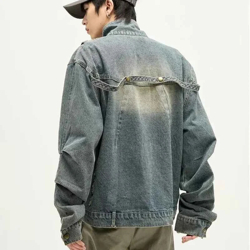 Chic Pleated Stitching Tie Dye Denim Jacket