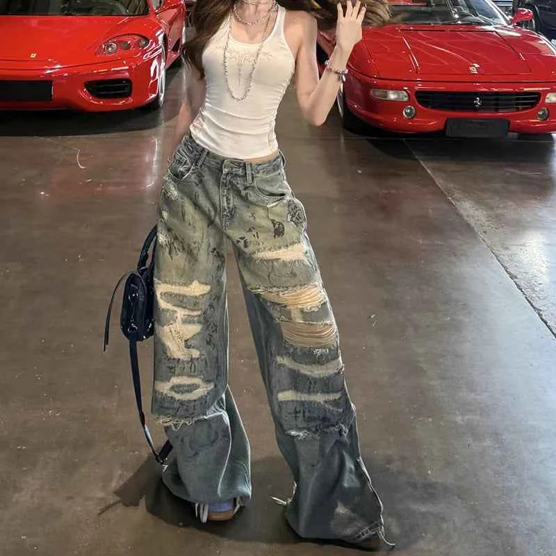 Vintage American Style Low Rise Ripped Jeans