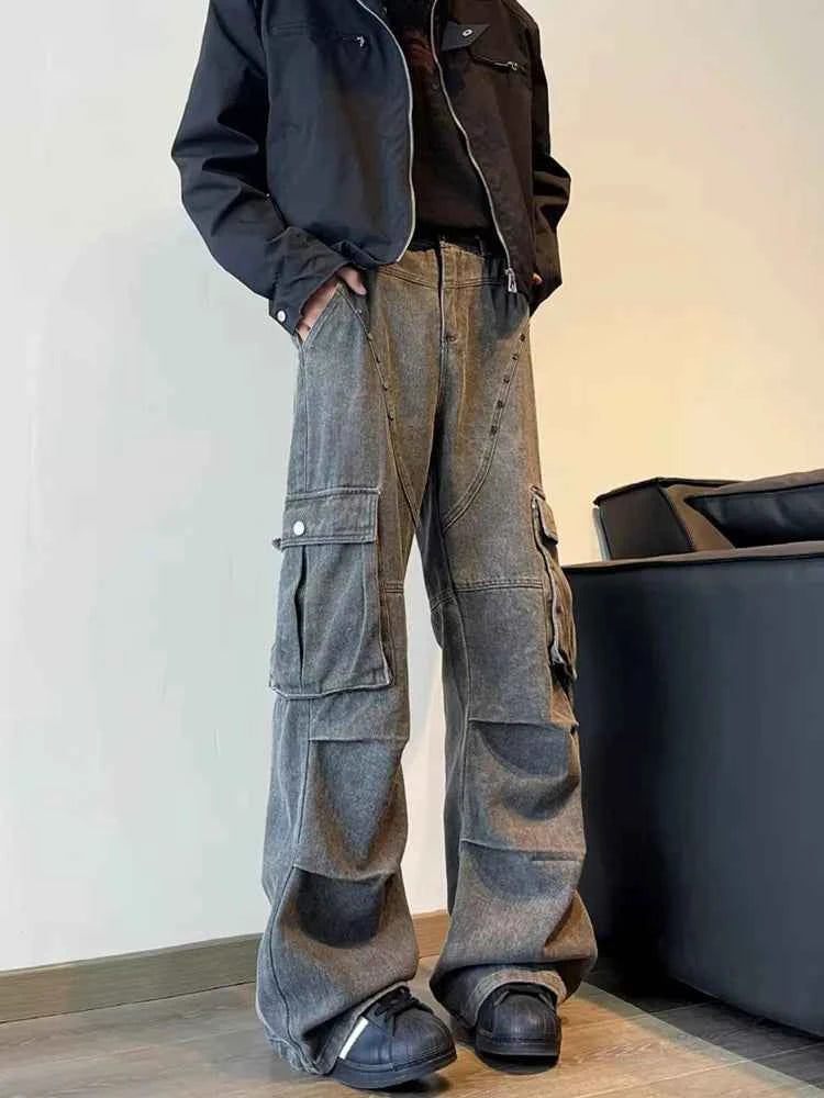 Y2K Streetwear Vintage Cyber Gray Pleated Baggy Jeans