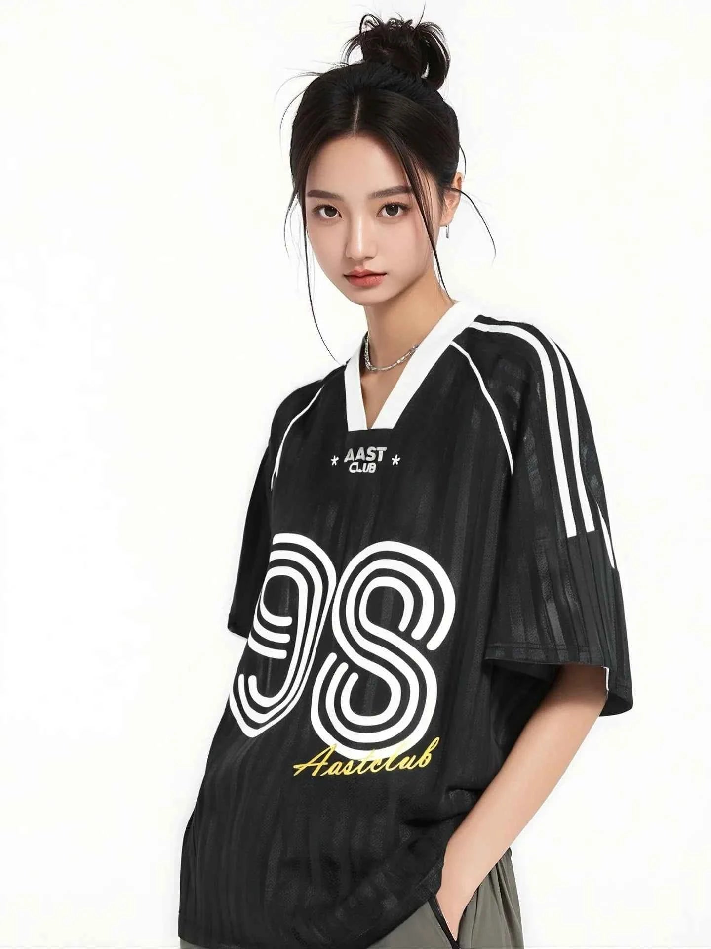 Trendy Striped Letter Print V-Neck Sport T-Shirt